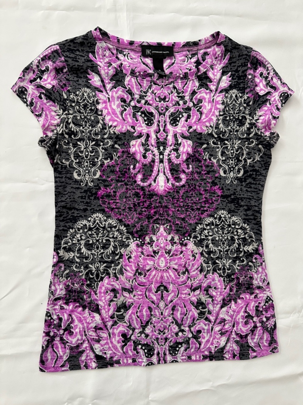 INC International Concepts Pink Black Baroque Rhinestone Detail Top Size M - Picture 3 of 16